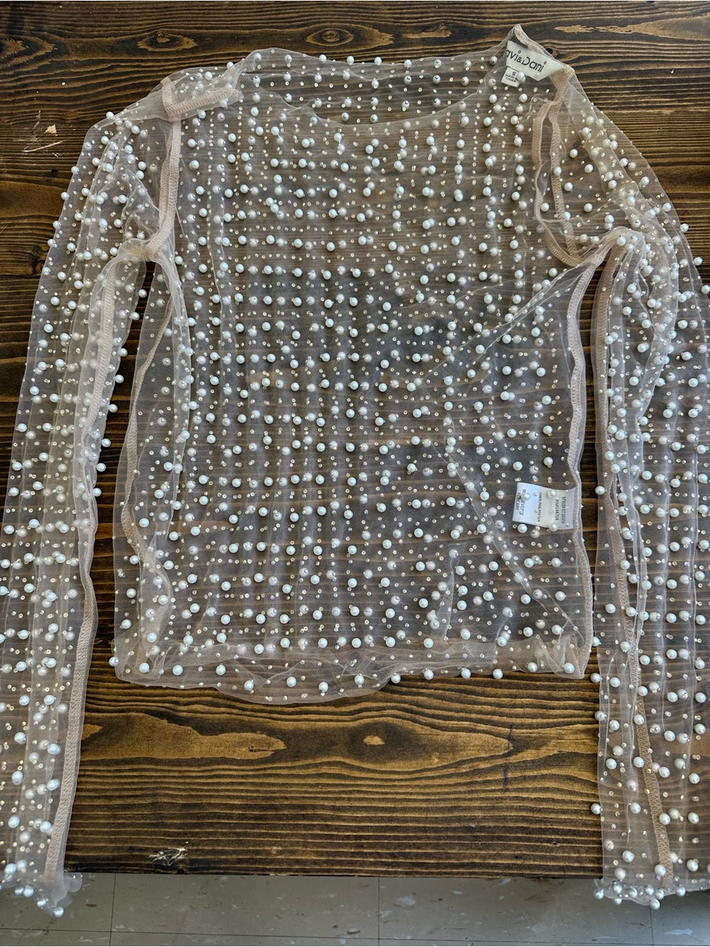 Sheer Pearl-Embellished Long Sleeve Top - Nude